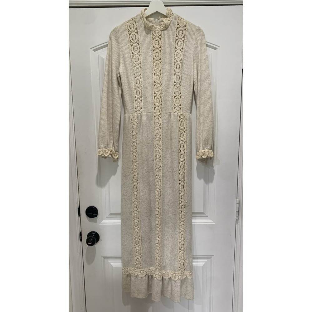 Vtg David Warren New York Prairie Maxi Dress Lace Trim Cottage Wedding XS S READ